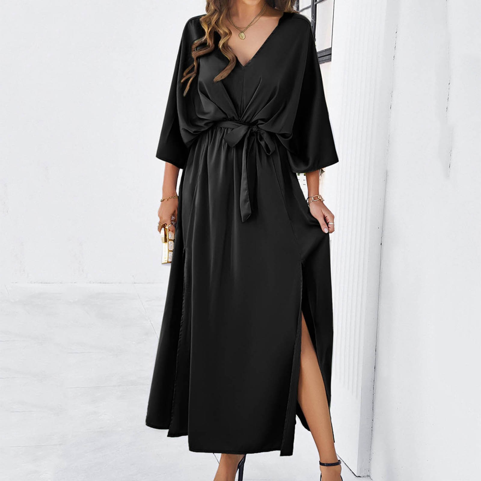 thumbnail image 3 of Vestido midi ajustado de color liso con cuello en V para mujer - Poliéster elástico, corte entallado favorecedor, adecuado para bodas y ocasiones formales, 3 of 7